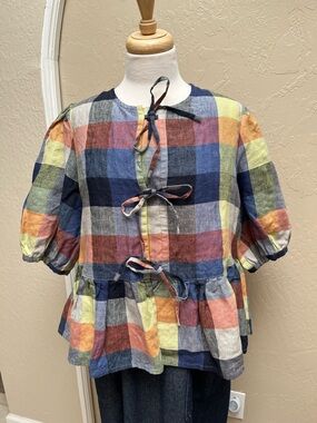 notPERFECTLINEN Melina Top in Pastel Multicolor Plaid, M/L, NEW